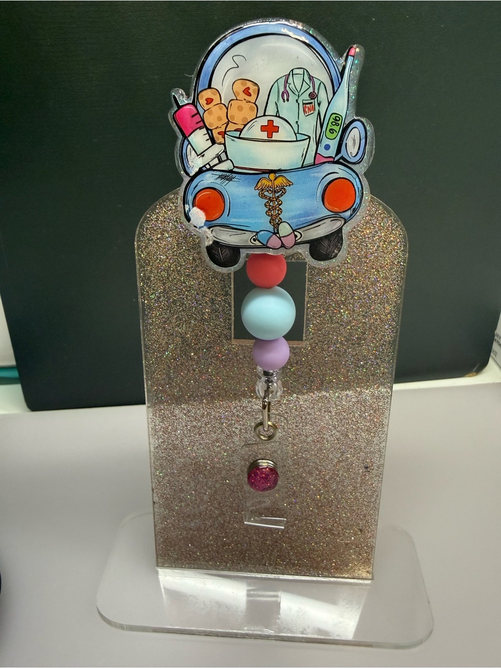 Nurse-Themed Badge Reel with Pastel Beads - Blue & Pink